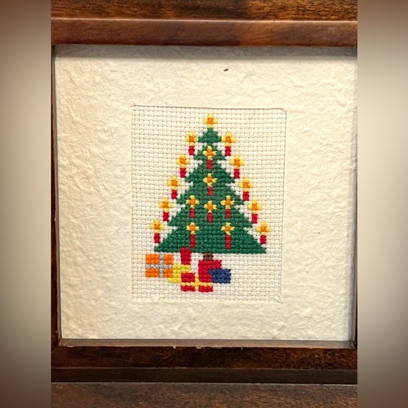 Vintage Brown Resin Square Frame Christmas Tree Cross Stitch Handmade Art 7x7 in - Picture 2 of 9